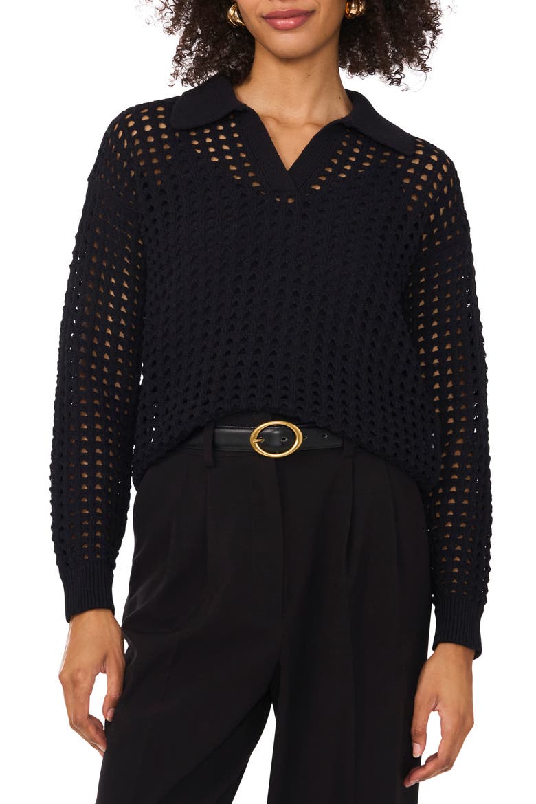 Johnny Collar Mesh Stitch Sweater, Main, color, RICH BLACK