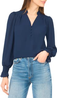 CeCe Half Placket Smocked Accent Top