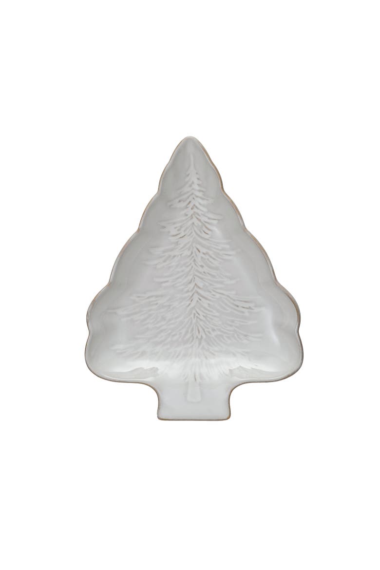 Stoneware Tree Shaped Plate with Tree Design with Reactive Glaze, Main, color, White