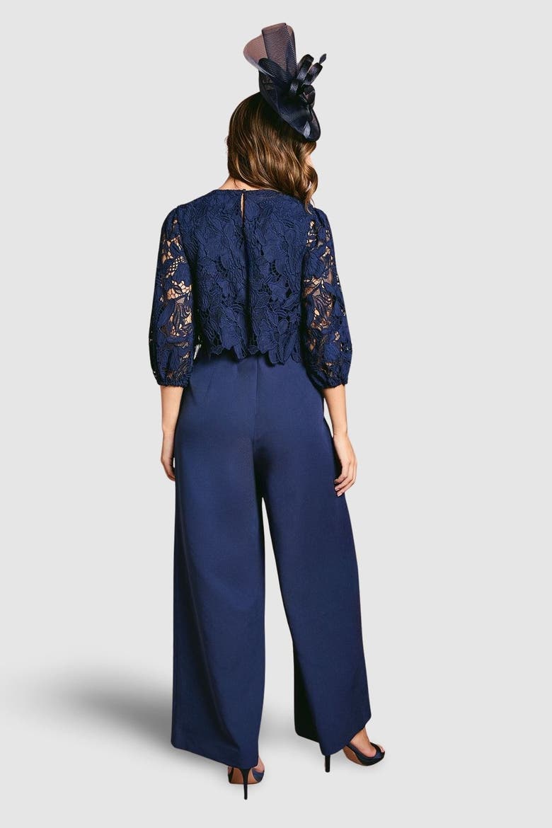 Lace Overlay Wide Leg Jumpsuit, Alternate, color, Navy