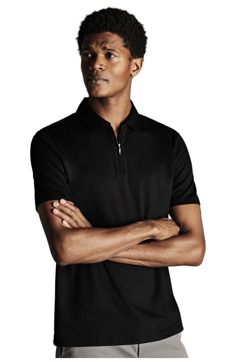 Charles Tyrwhitt Plain Short Sleeve Zip Jersey Polo, Main, color, Black