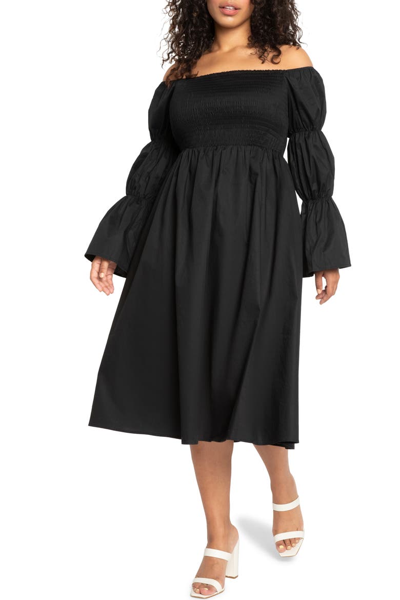 Off the Shoulder Long Sleeve Midi Dress, Main, color, TOTALLY BLACK