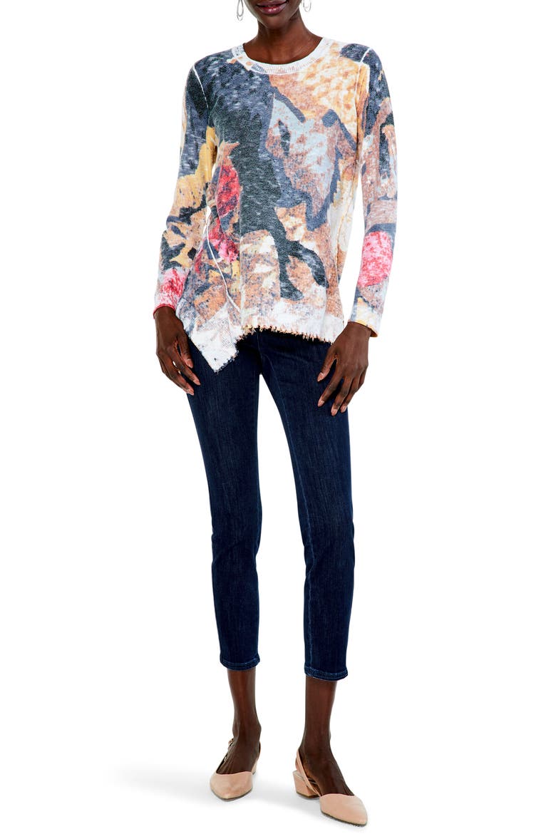 Women's Print Asymmetric Destroyed Edge Sweater, Alternate, color, BLUE MULTI