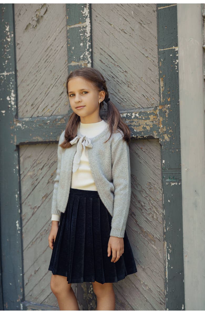 The Umbrella Academy Girl Mix Knit Bow Tie Ribbed Cuffs Cardigan, Alternate, color, Grey Mix