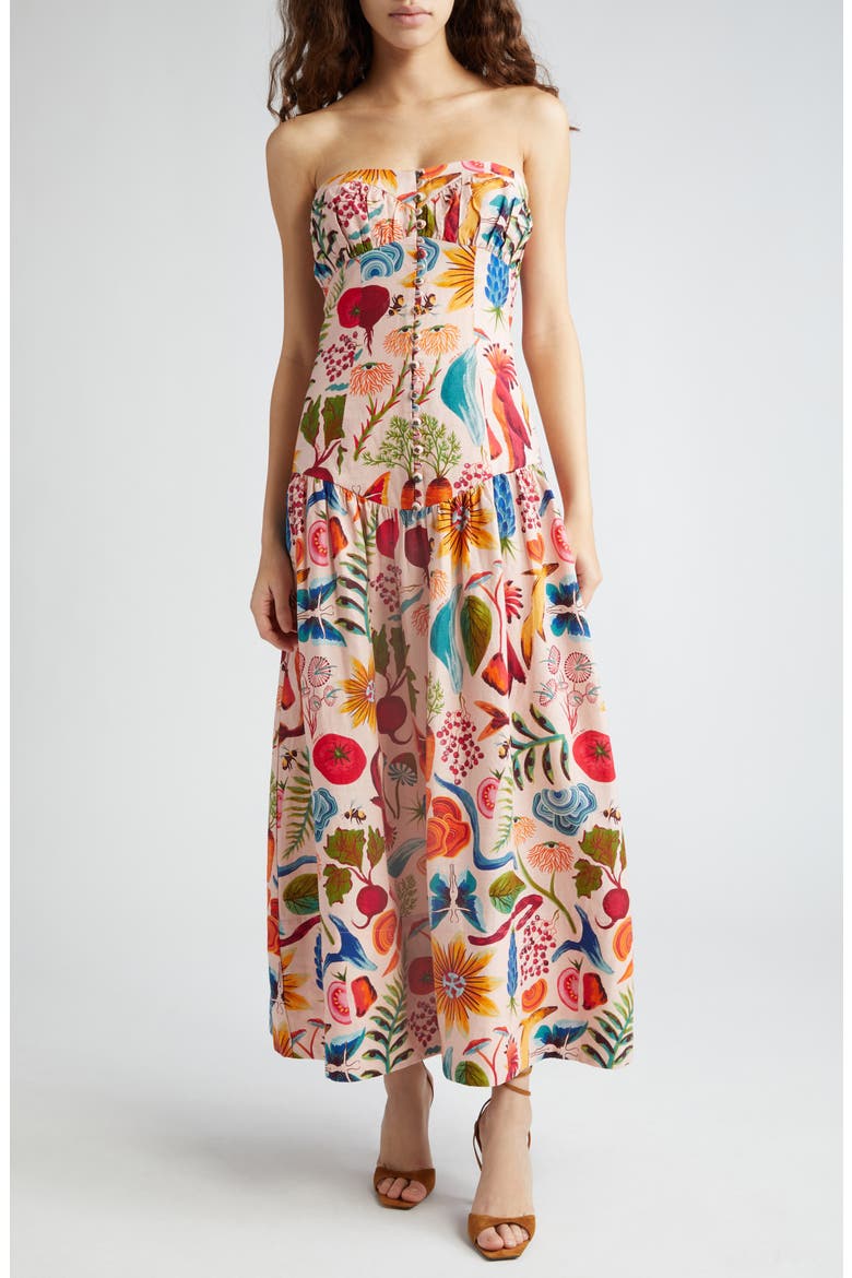 Bright Farm Print Strapless Linen Blend Maxi Dress, Main, color, BRIGHT FARM BEIGE