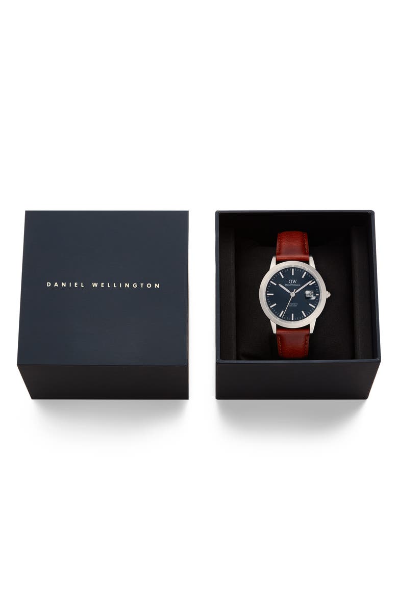 Daniel Wellington Iconic Automatic Leather Strap Watch, 40mm, Alternate, color, Brown/ Silver