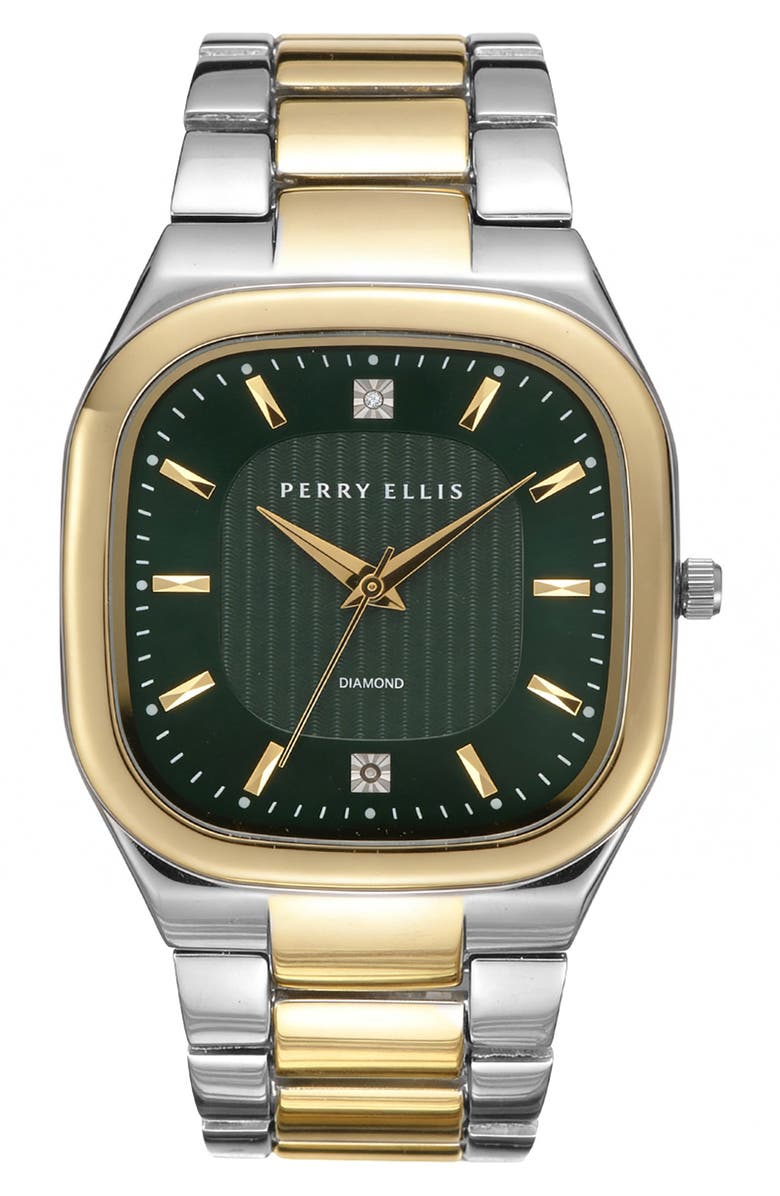 Perry Ellis Two-Tone Slim Square Diamond Bracelet Watch, 40mm, Main, color, Two Tone