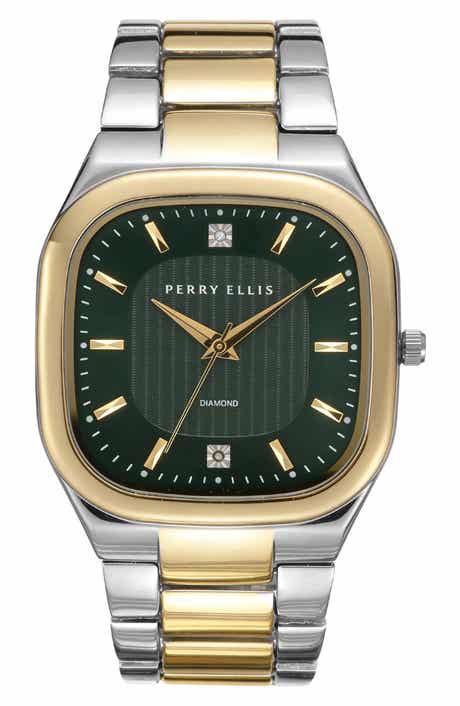 Perry Ellis Two-Tone Slim Square Diamond Bracelet Watch, 40mm