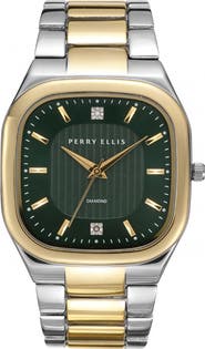 Perry Ellis Two-Tone Slim Square Diamond Bracelet Watch, 40mm