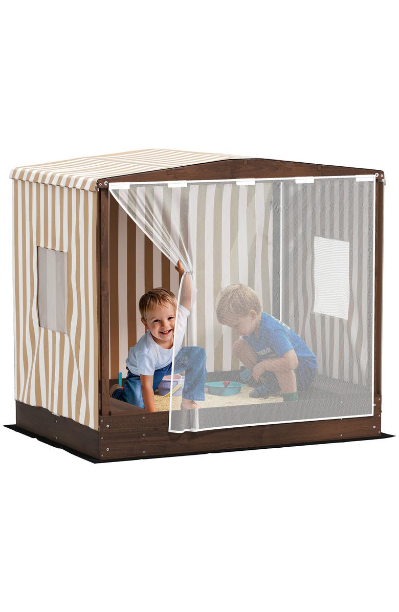 Qaba Kids Wooden Sandbox with Canopy, 2 Bench Seats & Bottom Liner, Main, color, Brown