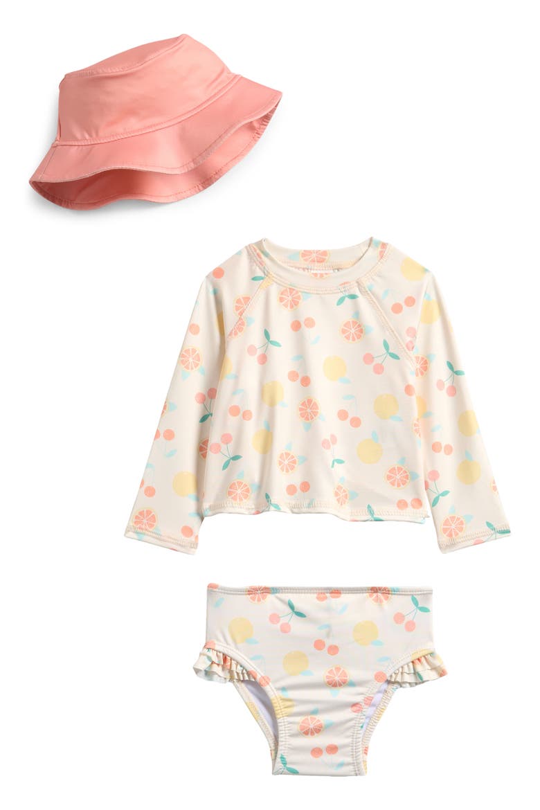 Summer Fruits Long Sleeve Two-Piece Rashguard Swimsuit with Bucket Hat Set, Main, color, CORAL CITRUS
