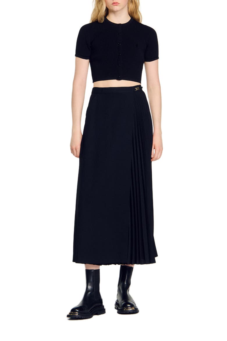 Curb chain buckle pleated skirt, Main, color, Black