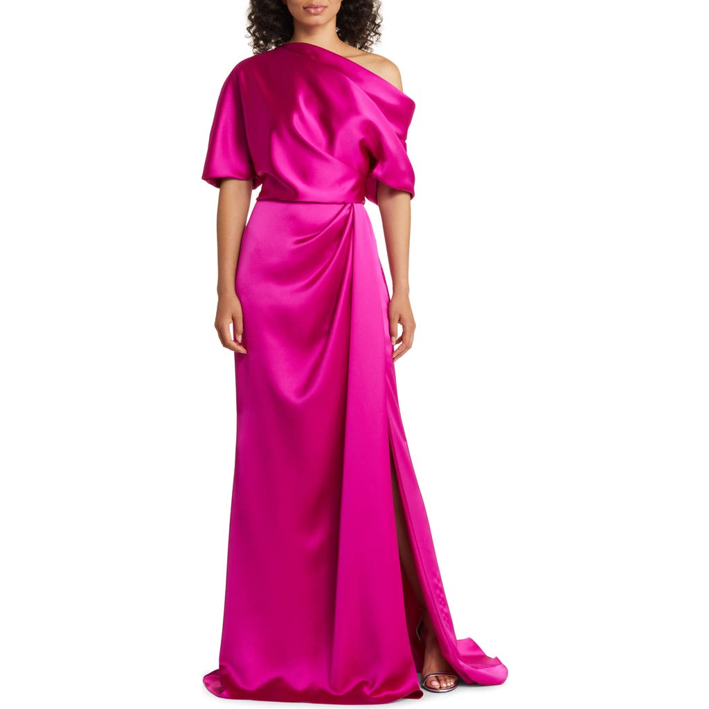 Amsale Gathered One-shoulder Satin Gown