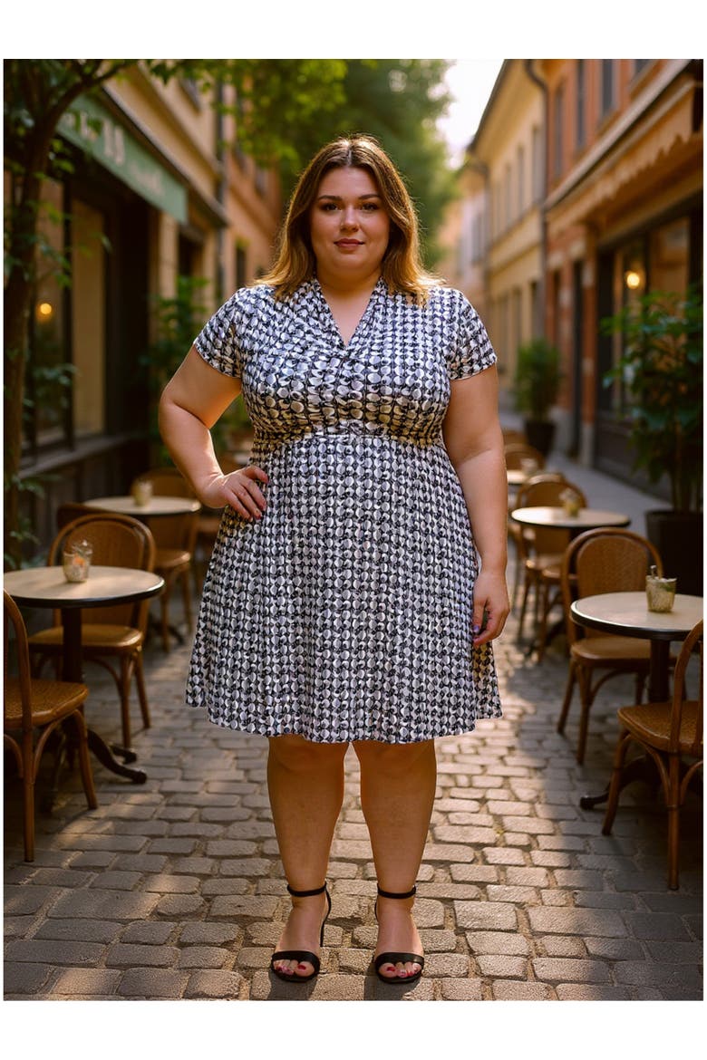 Plus Size Geometric V-Neck Faux Wrap Knee Length A-Line Dress, Alternate, color, Black Multi