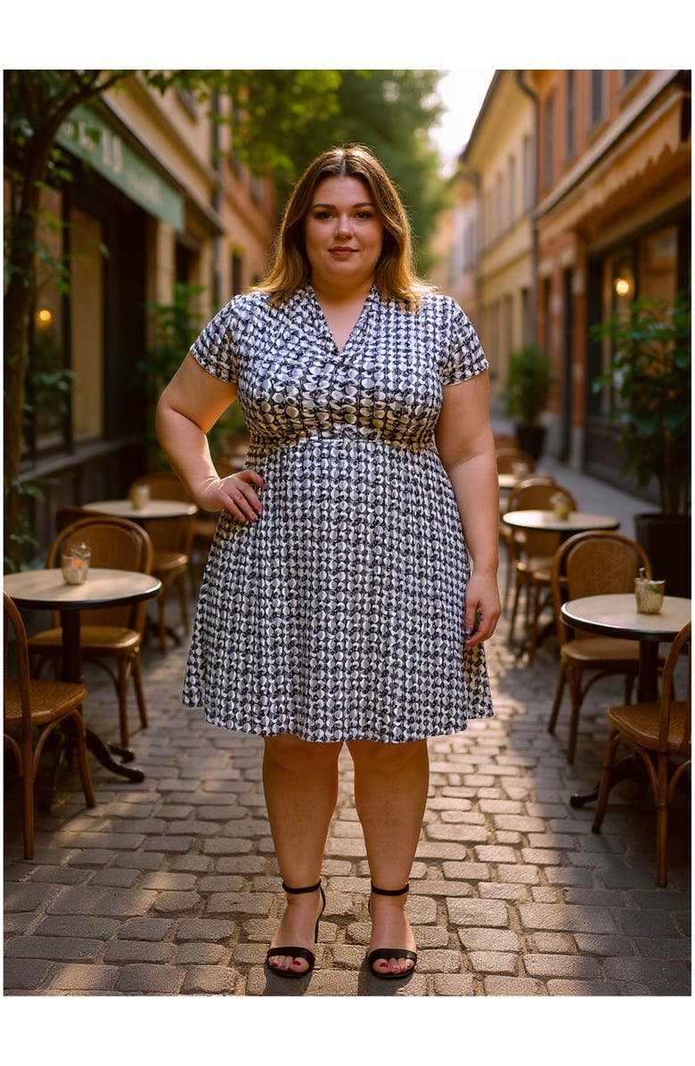24seven Comfort Apparel Plus Size Geometric V-Neck Faux Wrap Knee Length A-Line Dress, Alternate, color, Black Multi