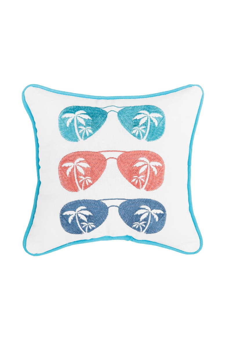 Beachin Sunglasses Trio Embroidered 100% Cotton Mini Accent Pillow 10" x 10", Main, color, White