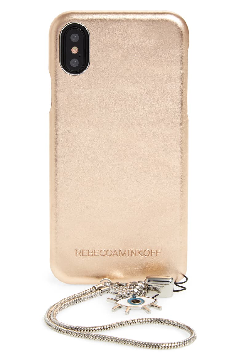 Metallic Leather iPhone X Wristlet Case with Charms, Main, color, METALLIC OYSTER