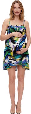 24seven Comfort Apparel Maternity Essential Abstract Print Spaghetti Strap Smocked A-Line Pocket Mini Dress