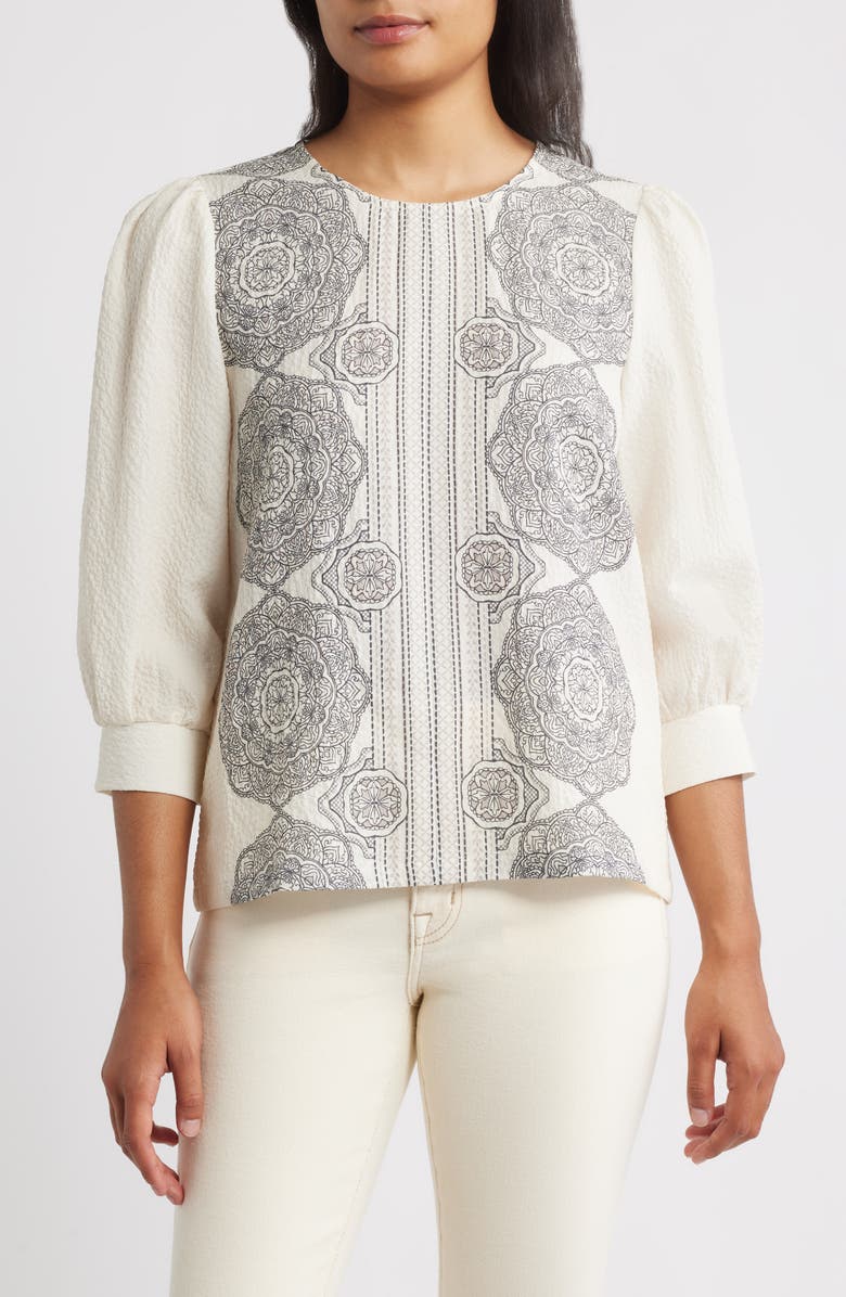 Bobeau Border Print Top, Main, color, Antq White Medal Brdr