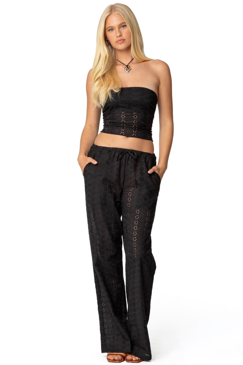 Lemon Eyelet Lace-Up Corset Crop Tube Top, Alternate, color, BLACK