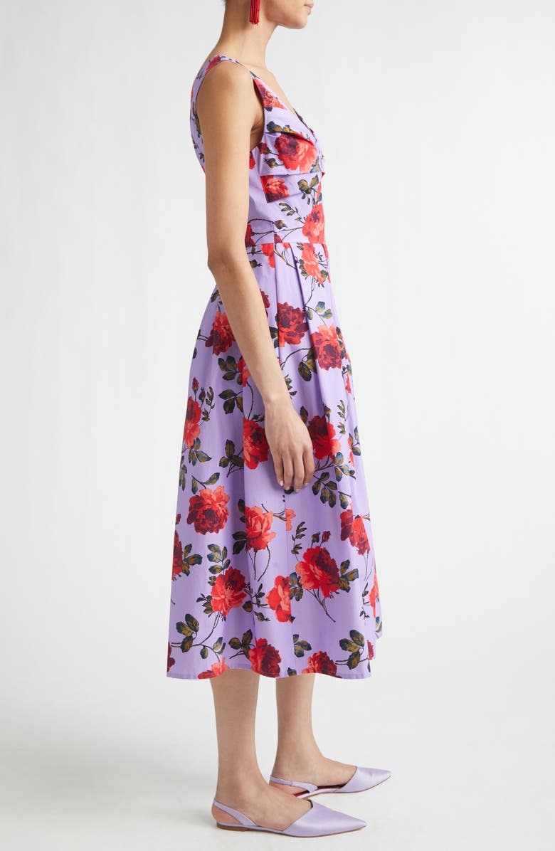 Carolina Herrera Rose Print Stretch Poplin A-Line Midi Dress, Alternate, color, Violeta Multi
