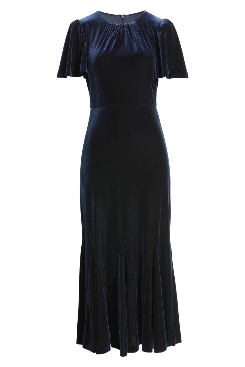 Flutter Sleeve Velvet Midi Dress, Alternate, color, NAVY
