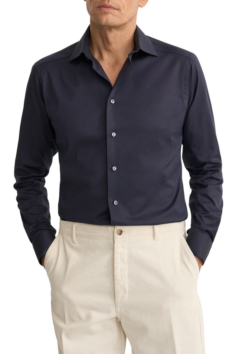 Slim Fit Solid Navy Cotton Twill Dress Shirt, Main, color, NAVY