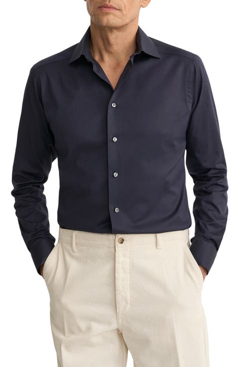 Slim Fit Solid Navy Cotton Twill Dress Shirt