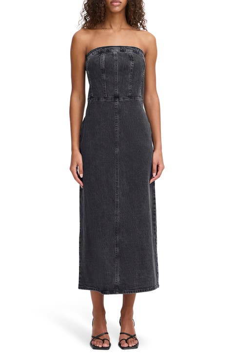 Strapless Denim Midi Dress