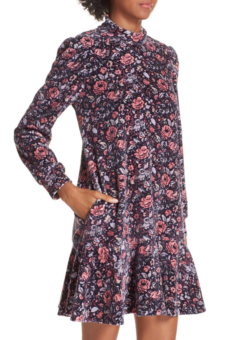 Floral Velour Fit & Flare Dress, Alternate, color, MIDNCO