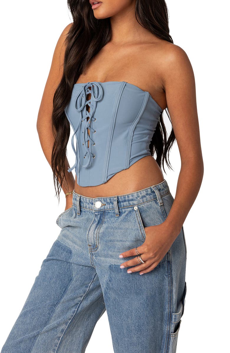 EDIKTED Kilah Strapless Corset Top, Alternate, color, Blue
