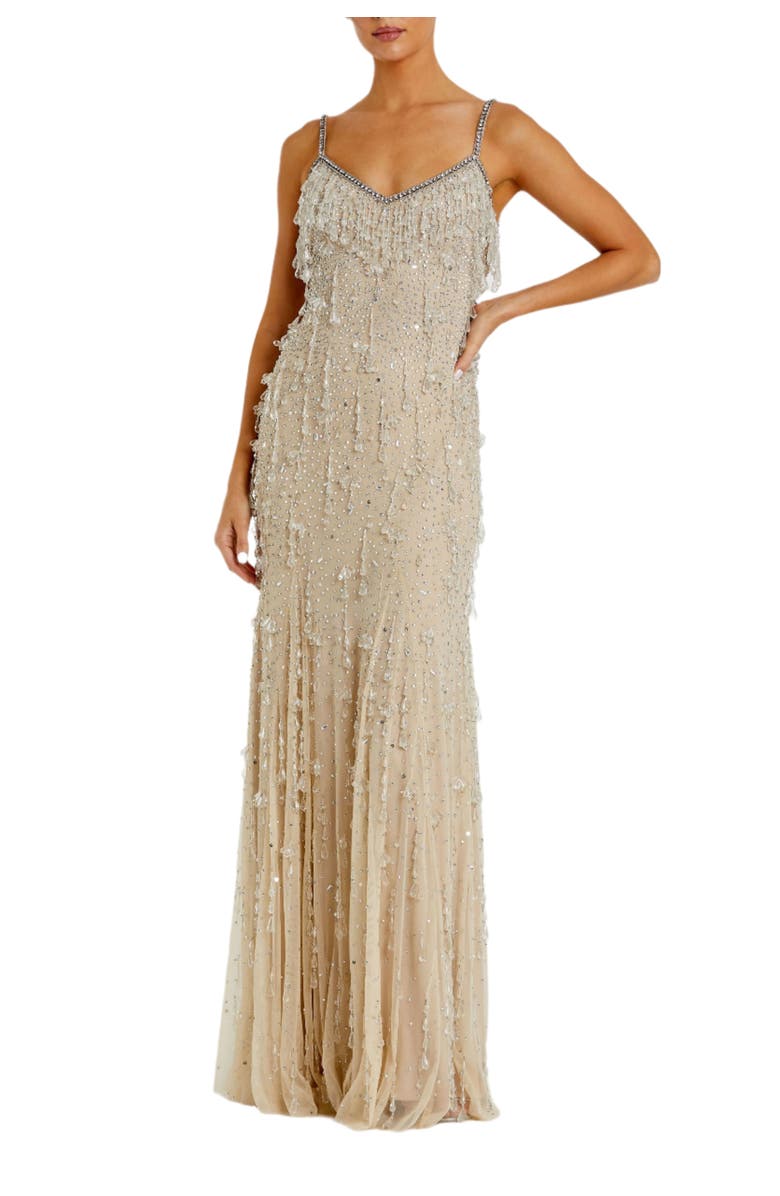 Mac Duggal V-Neck Net Gown with Thin Straps and Elegant Embellishments, Main, color, Nude Silver