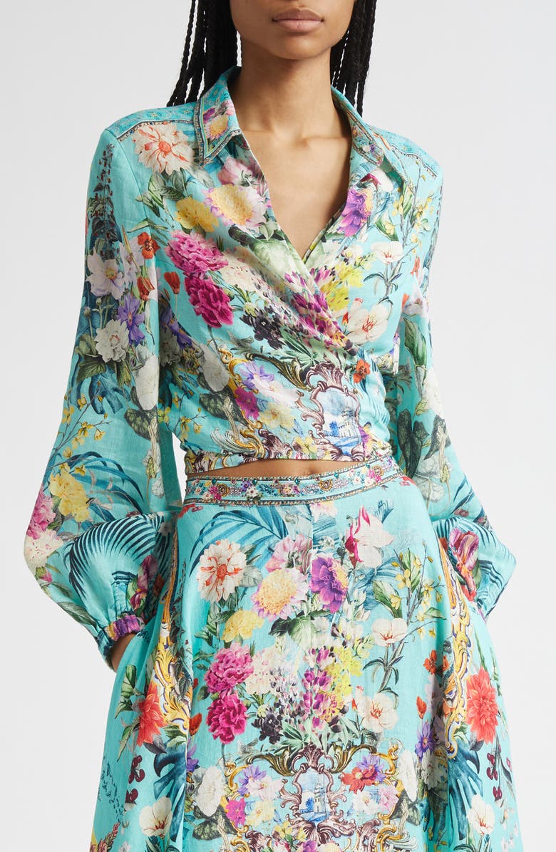 Camilla Crystal Embellished Crop Linen Wrap Shirt, Main, color, Gardens Of Queluz