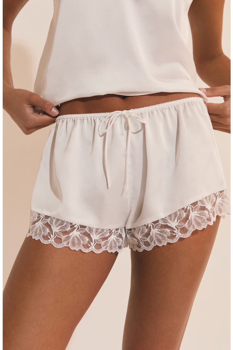 Naeva Lace Trim Satin Pajama Shorts, Alternate, color, WHITE