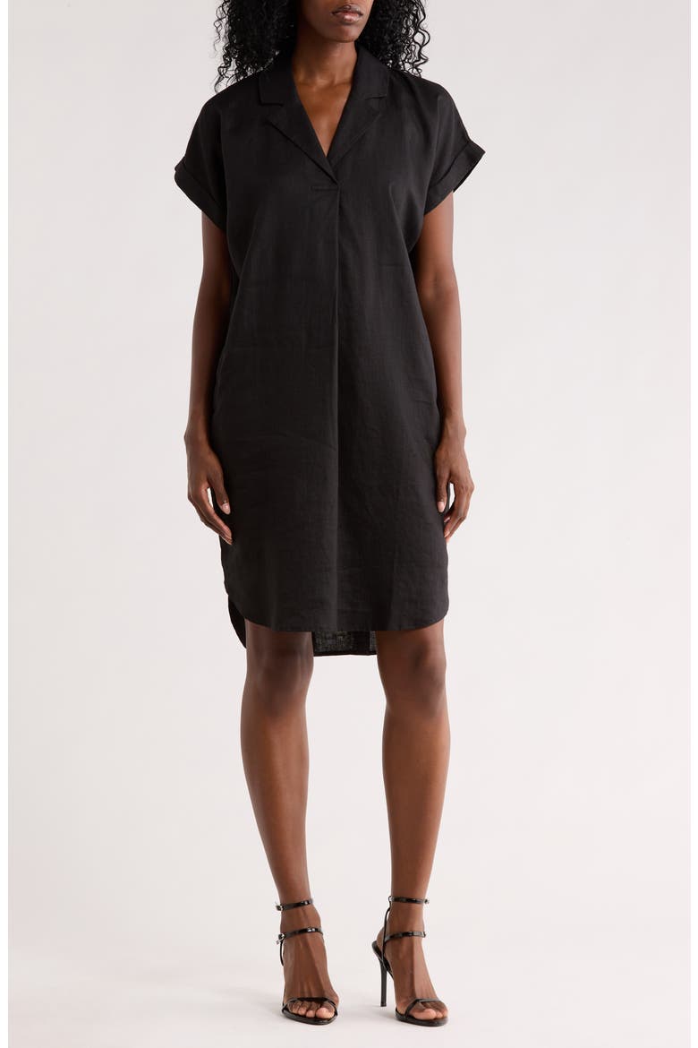 Notch Collar Linen Shirt Dress, Main, color, BLACK