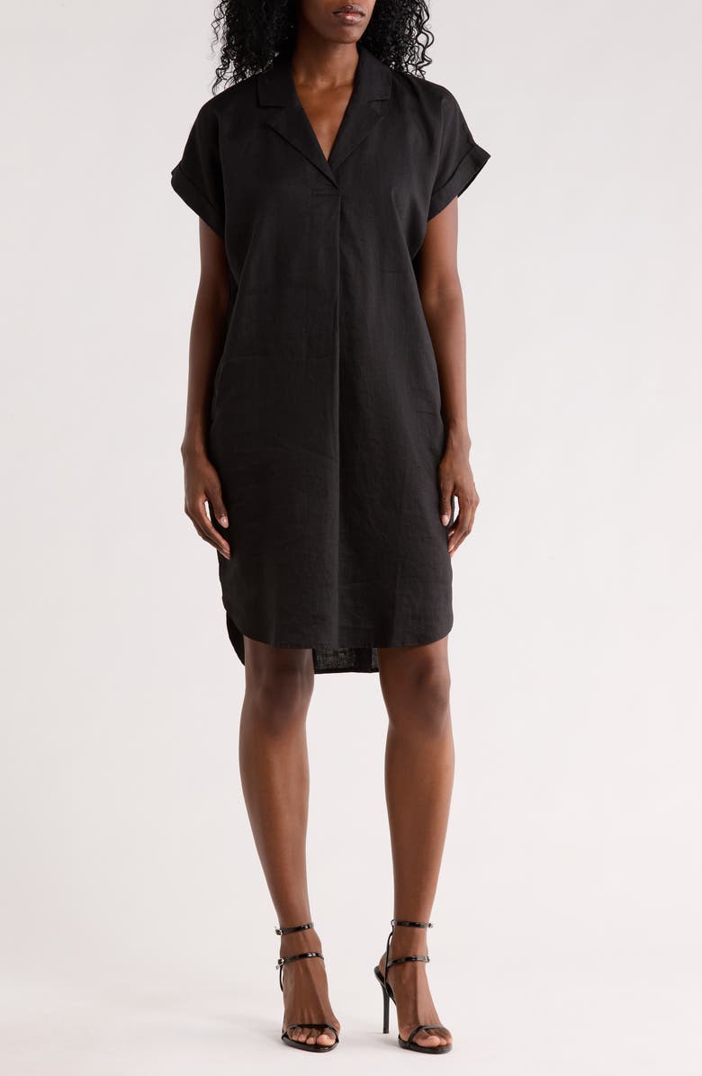 Eileen Fisher Notch Collar Linen Shirt Dress, Main, color, Black