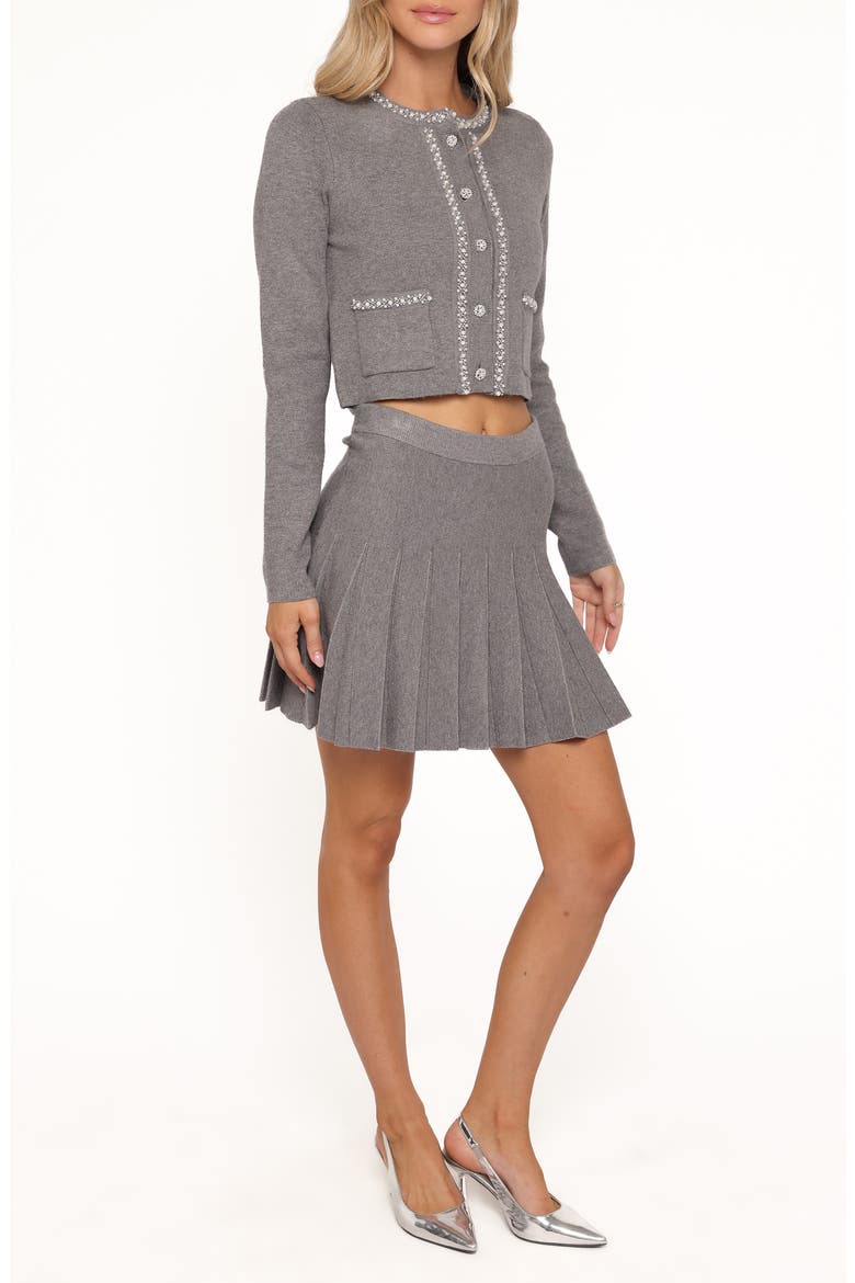 Lumi Embellished Cardigan & Pleated Miniskirt Set, Alternate, color, GREY
