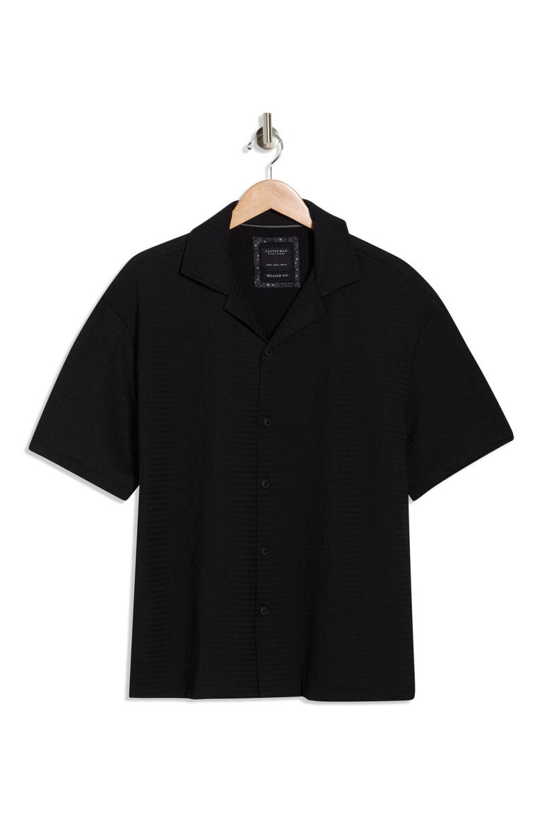 Texture Short Sleeve Button-Up Shirt, Alternate, color, BLACK