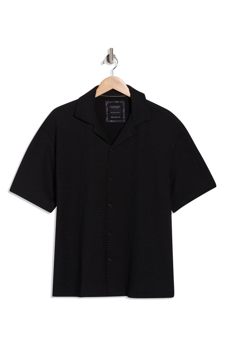 Cactus Man Texture Short Sleeve Button-Up Shirt, Main, color, Black