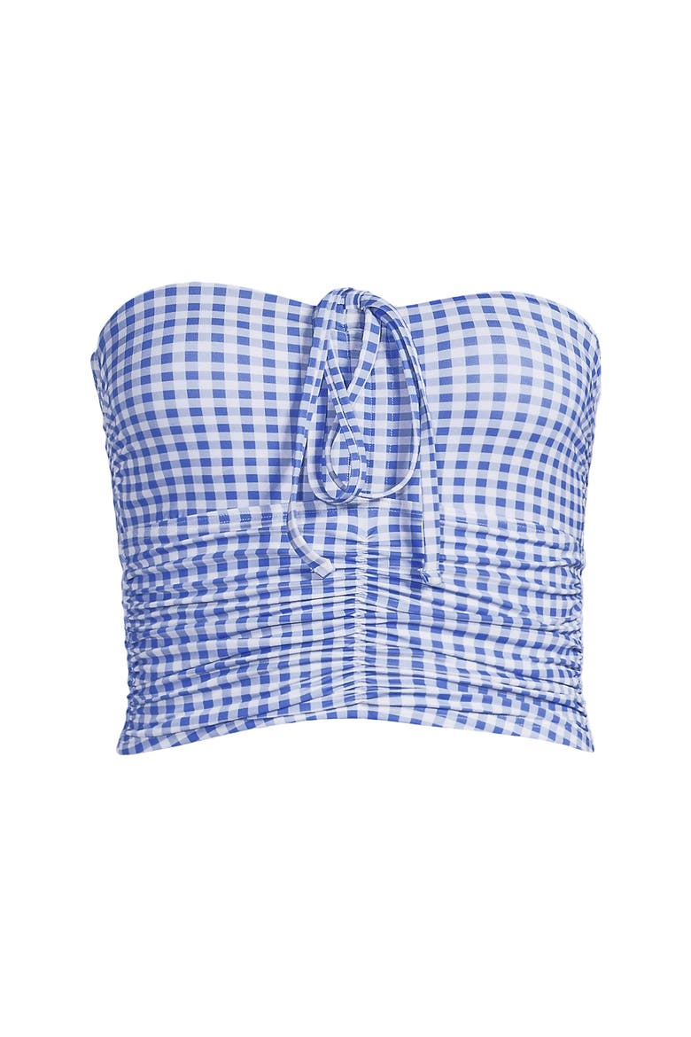 Womens Ruched Halter Tankini Top, Alternate, color, Soft Cloud Blue Gingham