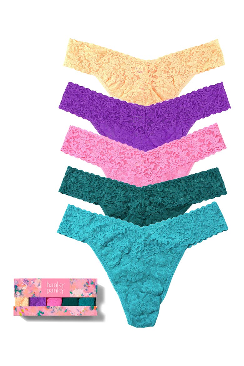 Assorted 5-Pack Lace Original Rise Thongs, Main, color, APRICOT/ VIOLET/ PINK/ TEAL
