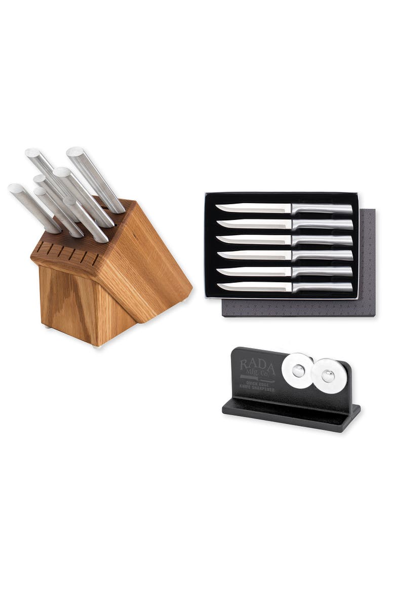 Essential Oak 8 Piece Knife Block Set with Knife Sharpener & 6 Piece Steak Knife Set, Main, color, Silver