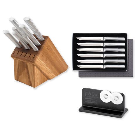 Essential Oak 8 Piece Knife Block Set with Knife Sharpener & 6 Piece Steak Knife Set
