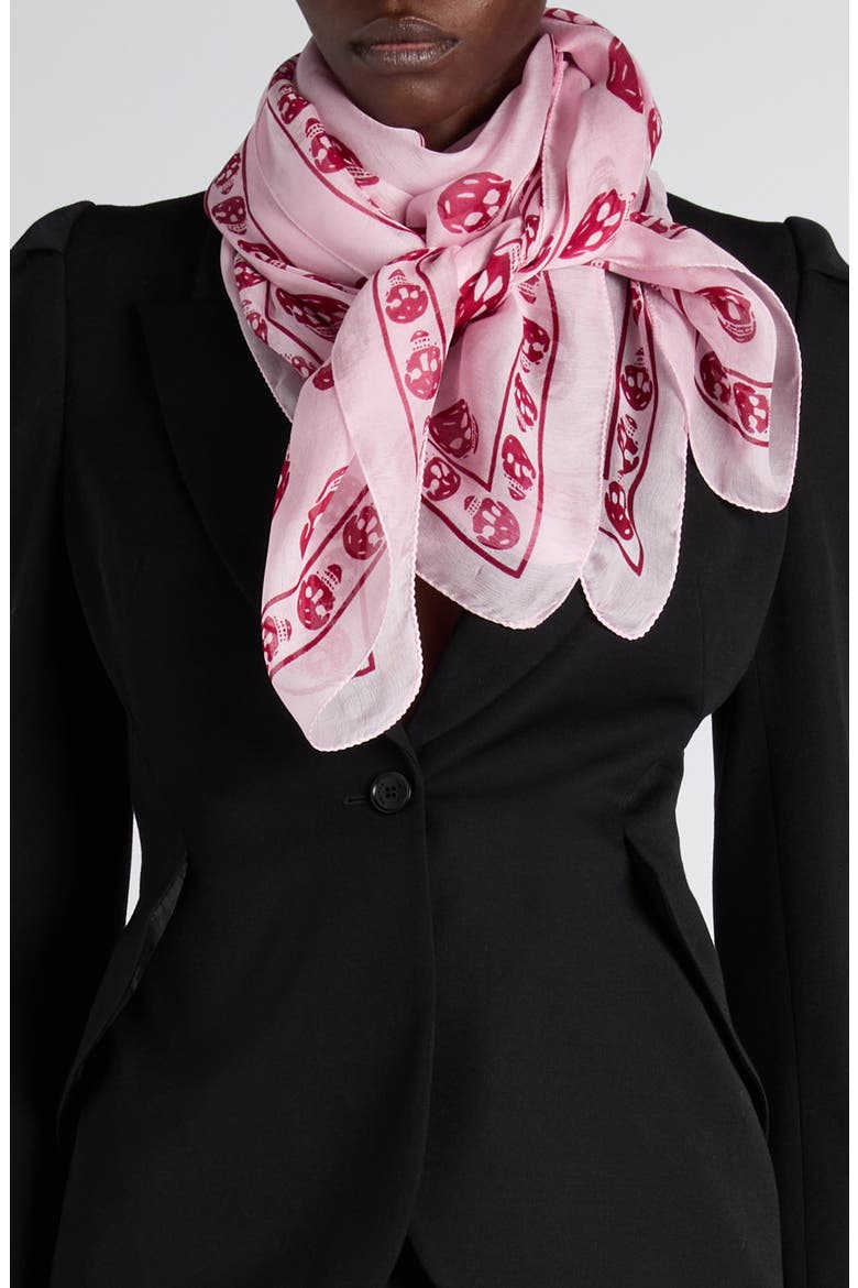 Skull Print Silk Scarf, Alternate, color, POWDER PINK/ RASPBERR