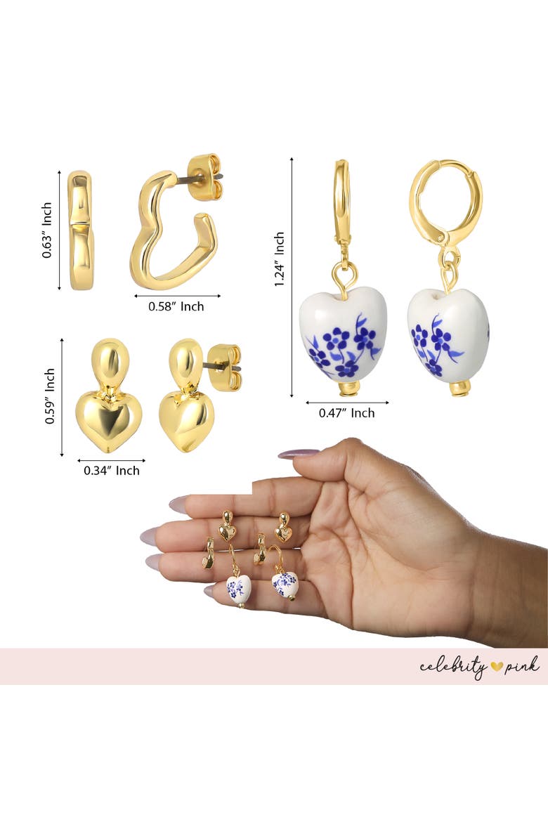 Womens Earrings Gold-Tone 6-Pack, Faux Pearl Studs and Hoops | 6-Pack, Faux Pearl Accents, Yellow Gold Tone, Heart Earrings, Feminine Jewelry, Alternate, color, Gold-Tone