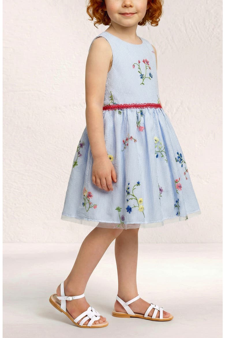 Kids' Floral Embroidered Stripe Party Dress, Alternate, color, BLUE/ WHITE
