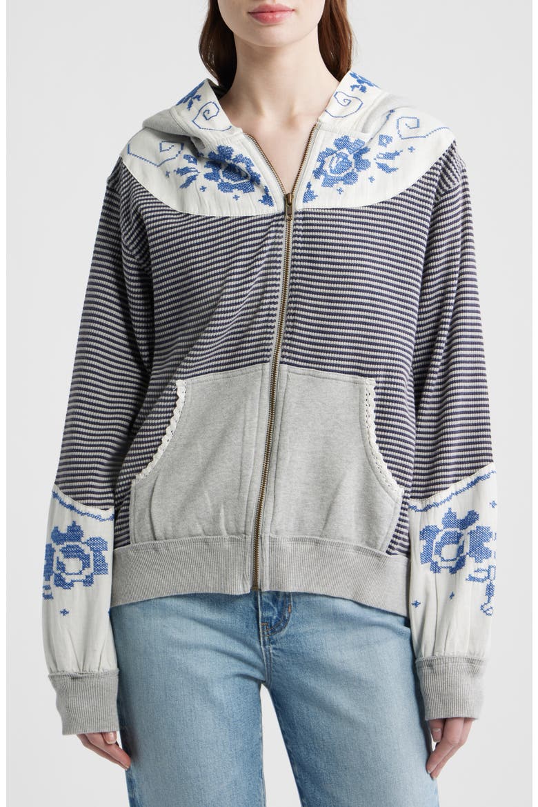 Lydia Mixed Media Zip-Up Hooded Sweater, Alternate, color, GREY COMBO