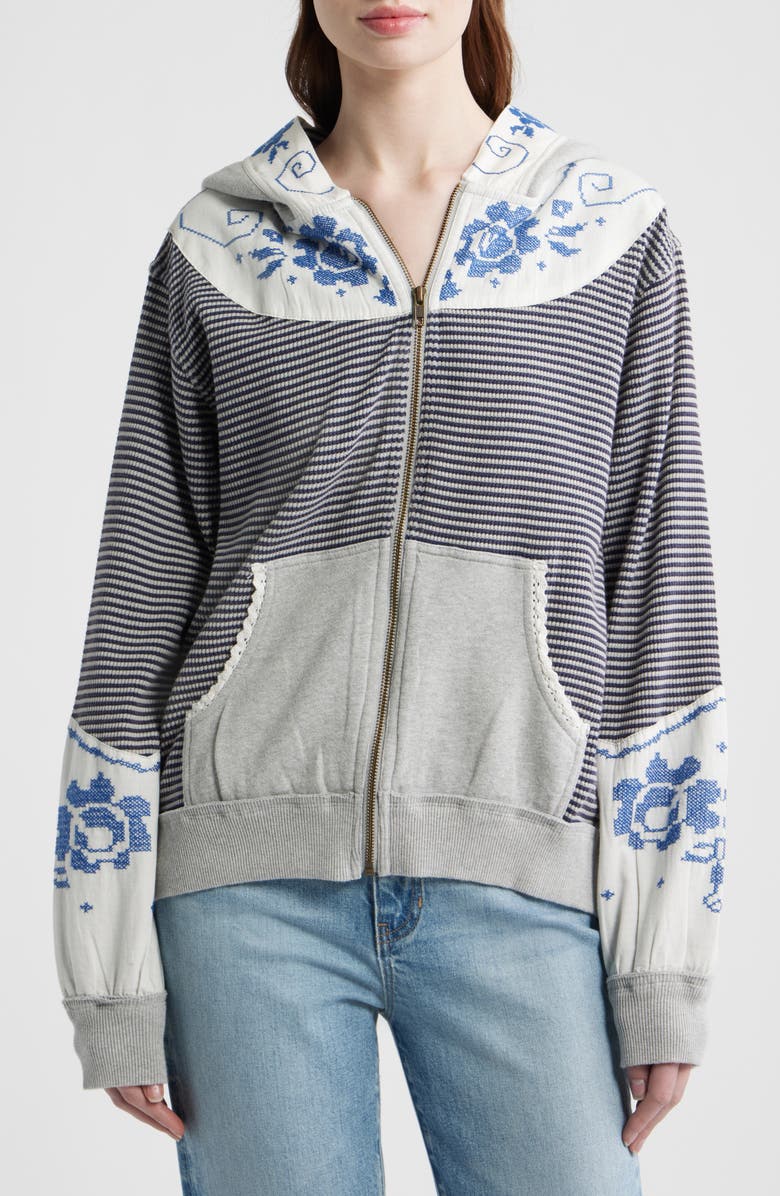 Free People Lydia Mixed Media Zip-Up Hooded Sweater, Alternate, color, Grey Combo