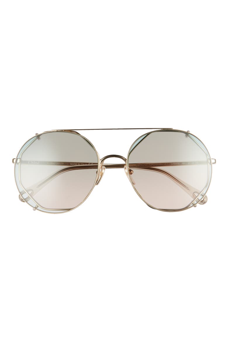 57mm Octagonal Sunglasses with Clip-On Aviator Lenses, Main, color, GOLD/ GREEN GRADIENT