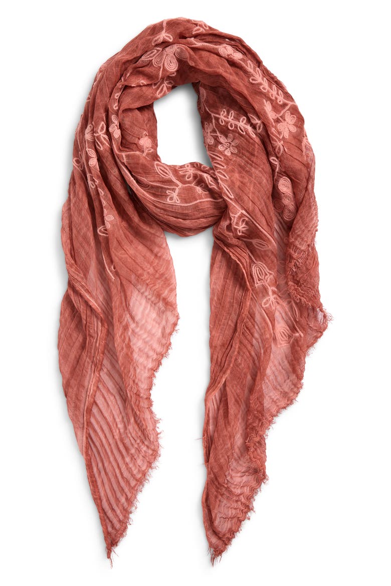 Floral Embroidered Gauze Fringe Scarf, Alternate, color, PINK DESERT
